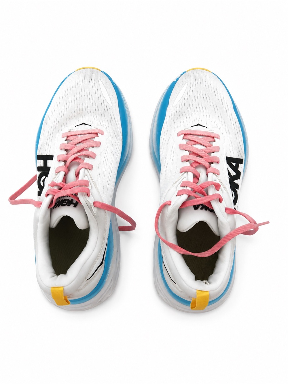 Hoka White Sneakers with Blue Accents and Pink Laces
